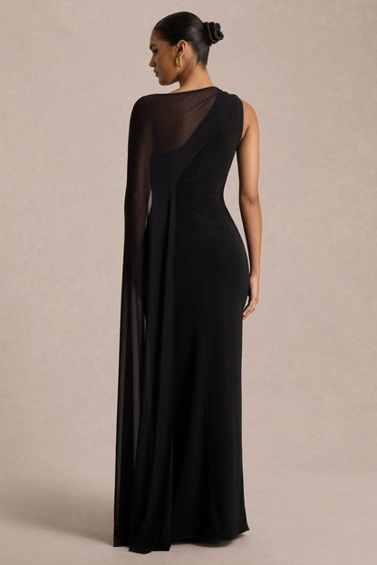 Mirelle | Vestido Largo negro con escote asimétrico y manga-capa transparente