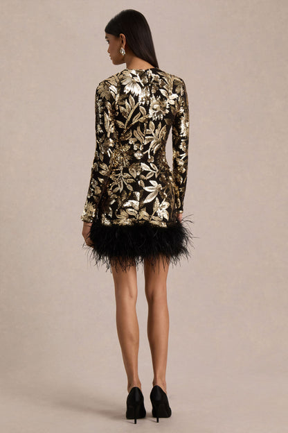 Lara | Vestido Corto de Lentejuelas en Negro y Dorado, Cuello Alto y Bajo con Plumas
