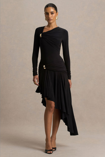 Alexia | Vestido Largo Negro De Escote Asimétrico Con Apliques y Detalle Fruncido