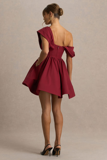 Verona | Vestido corto skater burdeos con escote asimétrico drapeado