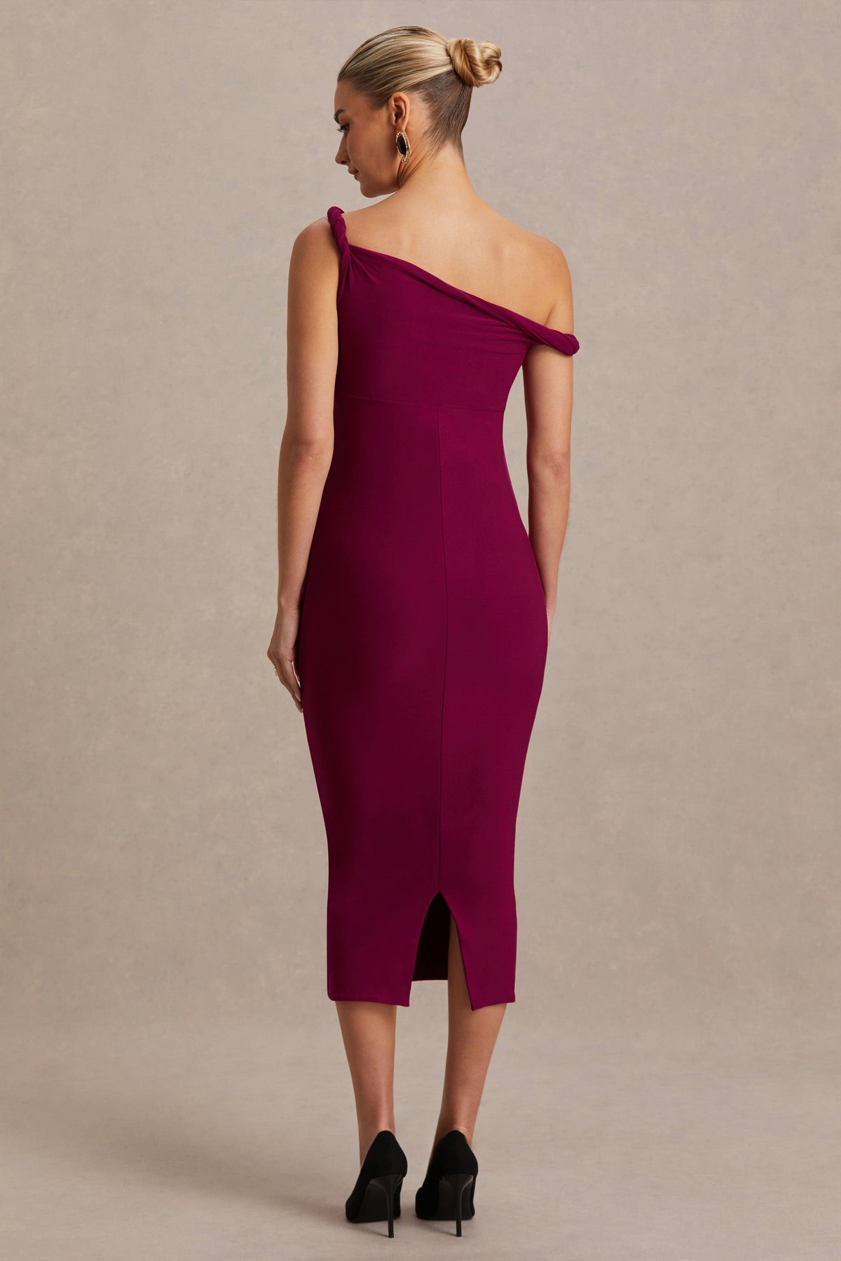 Salome | Vestido premamá midi burdeos con escote asimétrico drapeado