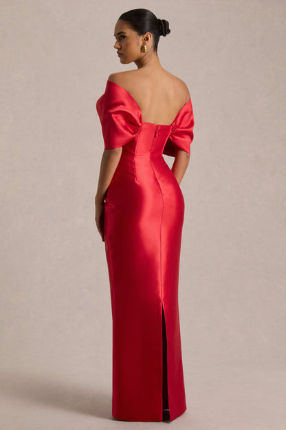 Wanting More | Vestido Largo Rojo de Satén con Capa y Lazo Grande
