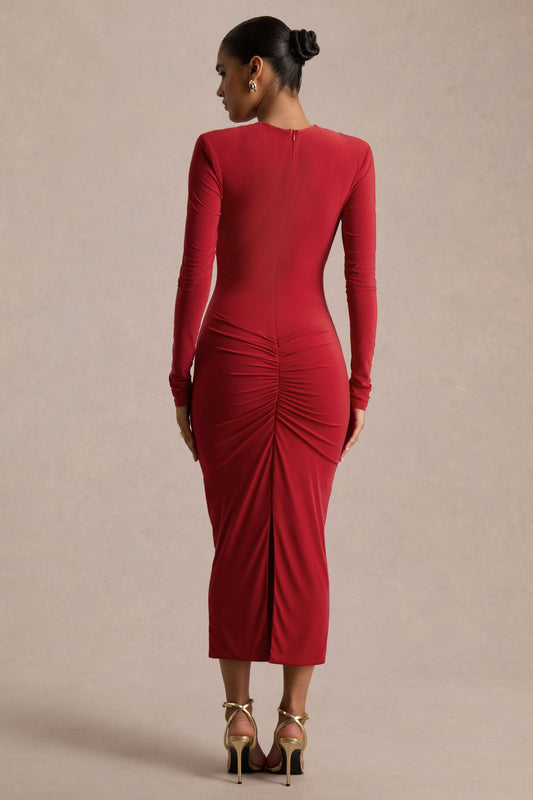 Ivara | Vestido Largo Rojo con Escote Profundo, Detalle Fruncido y Fajín