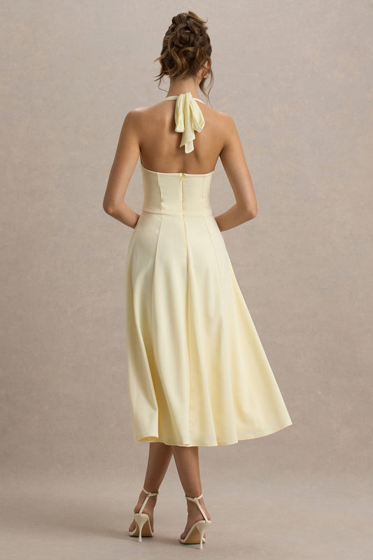 Auburn | Vestido midi amarillo pastel con escote halter de malla con lazo