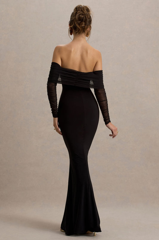 Madeleine | Vestido largo Negro  ajustado al cuerpo con mangas largas de malla y escote bardot