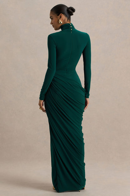 Betsy | Vestido Largo De Cuello Alto En Verde Botella Con Abertura Frontal y Detalle Fruncido