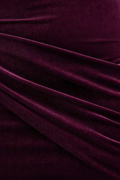 Cambria | Vestido largo de terciopelo ciruela con cuello alto y drapeado