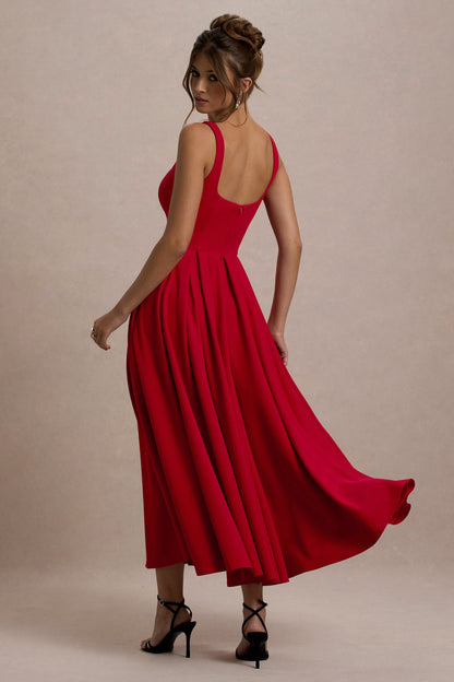 Parina | Vestido midi rojo con escote cuadrado y falda voluminosa