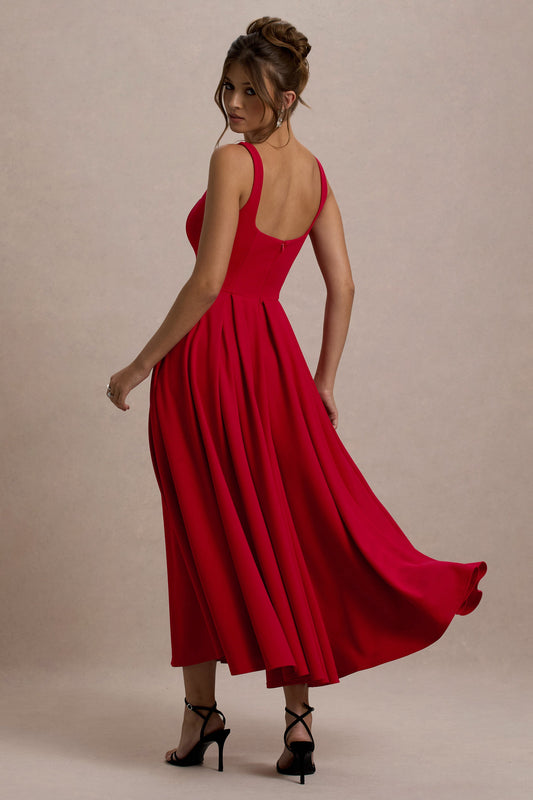 Parina | Vestido midi rojo con escote cuadrado y falda voluminosa
