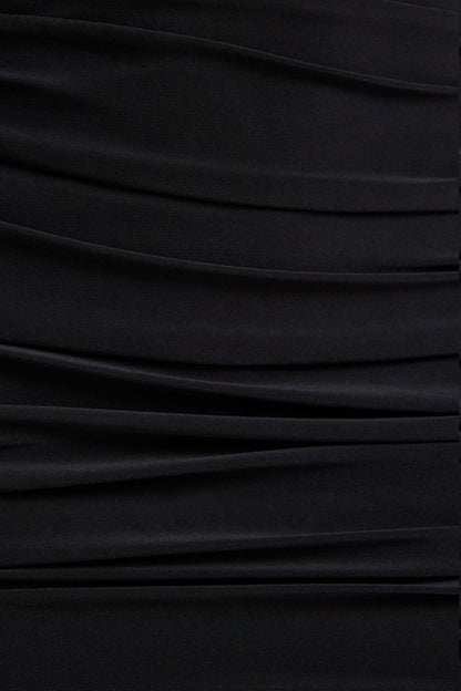 Yara | Vestido midi negro con capa asimétrico y con frunces