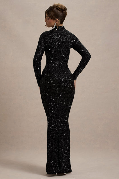 Galaxy | Vestido largo Negro de Lentejuelas con Cuello Alto y Manga Larga