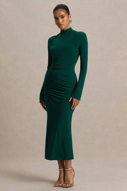 Cassandra | Vestido Midi en Verde Botella de Manga Larga y fruncidos