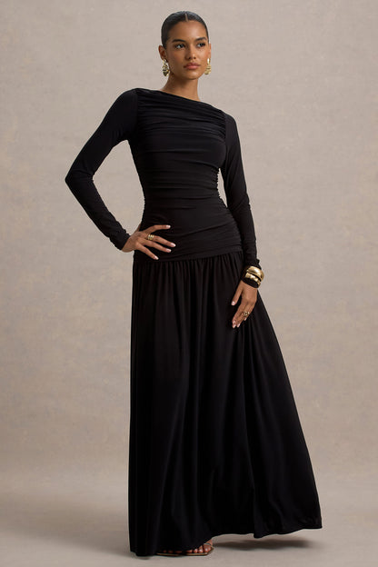 Aniyah | Vestido Negro Largo con Cuello Alto y Detalles Fruncidos
