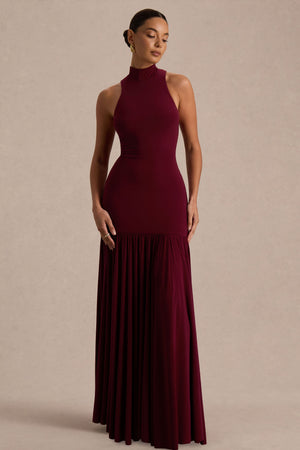 Tasmin | Vestido Largo color Burdeos con Cuello Alto y Cintura Caída