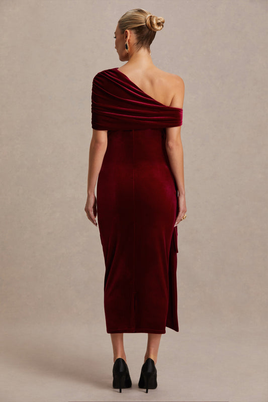 Zena | Vestido Midi Premamá de Terciopelo Burdeos con Escote Asimétrico y Detalle de Nudo y Fajín