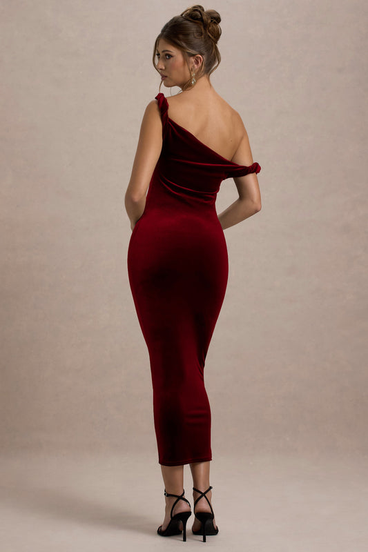 Carella | Vestido Midi Asimétrico Retorcido de Terciopelo en color burdeos
