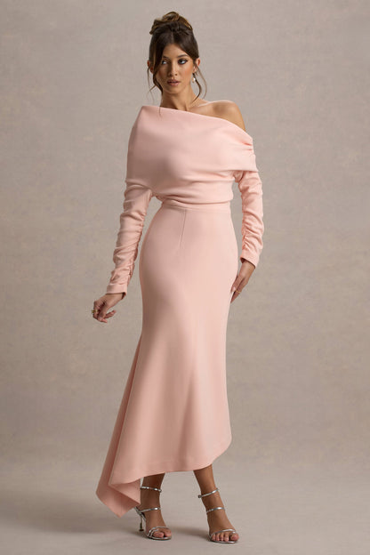 Lou | Vestido largo rosa con mangas largas y dobladillo asimétrico
