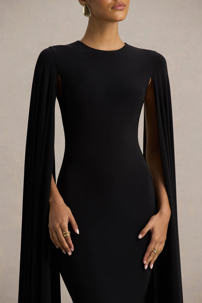 Briony | Vestido Largo Negro con Escote Alto y Mangas Capa