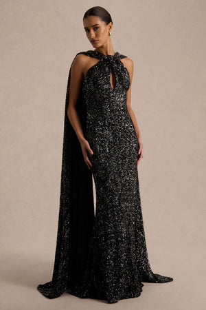 Renelle | Vestido Largo de Lentejuelas Negras y Escote Halter