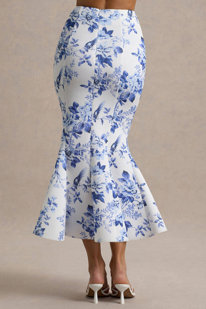 Amadea | Falda midi ajustada de talle alto con estampado de porcelana azul