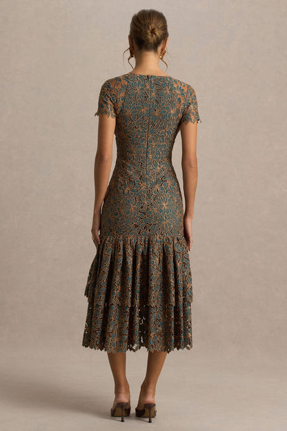 Sabrina | Vestido Midi Bordado en Verde Oscuro y Óxido con Escote Pronunciado