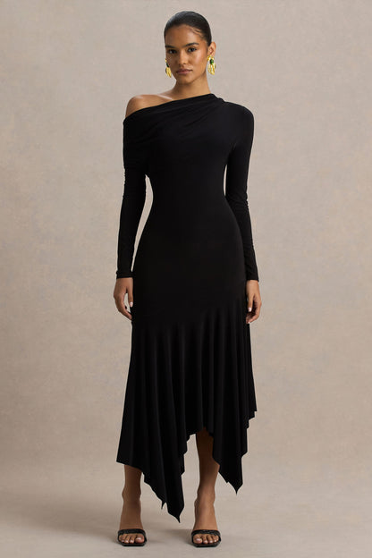 Isola | Vestido Midi Negro con Escote Asimétrico y Cintura Caída