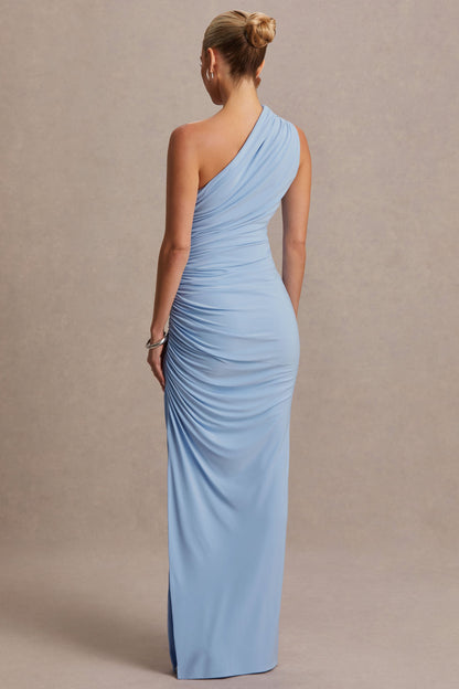 Darcie | Vestido Largo de Maternidad Azul Polvo con Escote Asimétrico