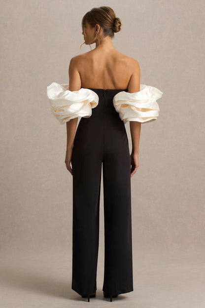 Panama | Mono Negro Con Escote Bardot y Mangas Abullonadas en Crema