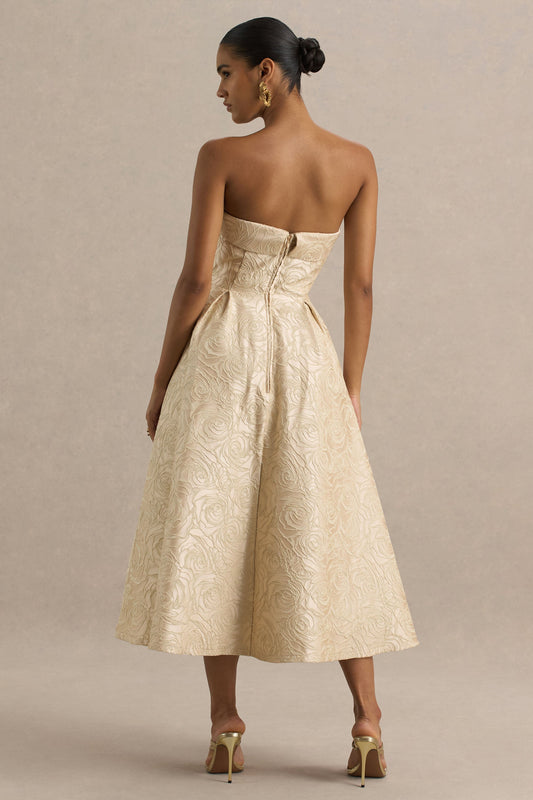 Hypnotic | Vestido Midi Dorado de Jacquard con Escote Bandeau y falda plisada