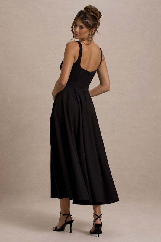 Parina |  Vestido midi con escote cuadrado y falda plisada