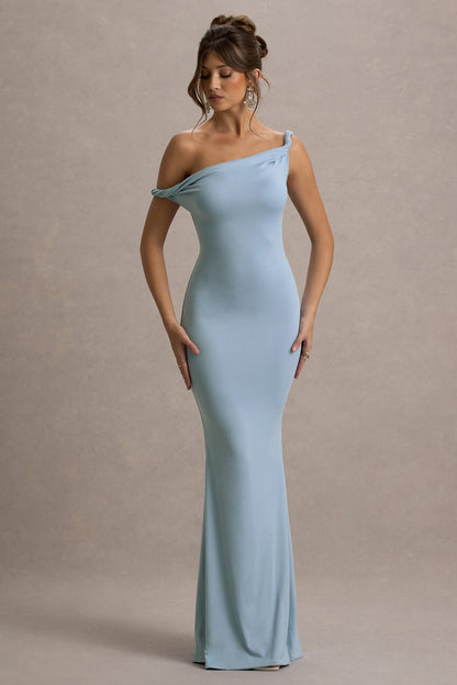 Lita | Vestido largo entallado en azul cielo y escote asimétrico retorcido