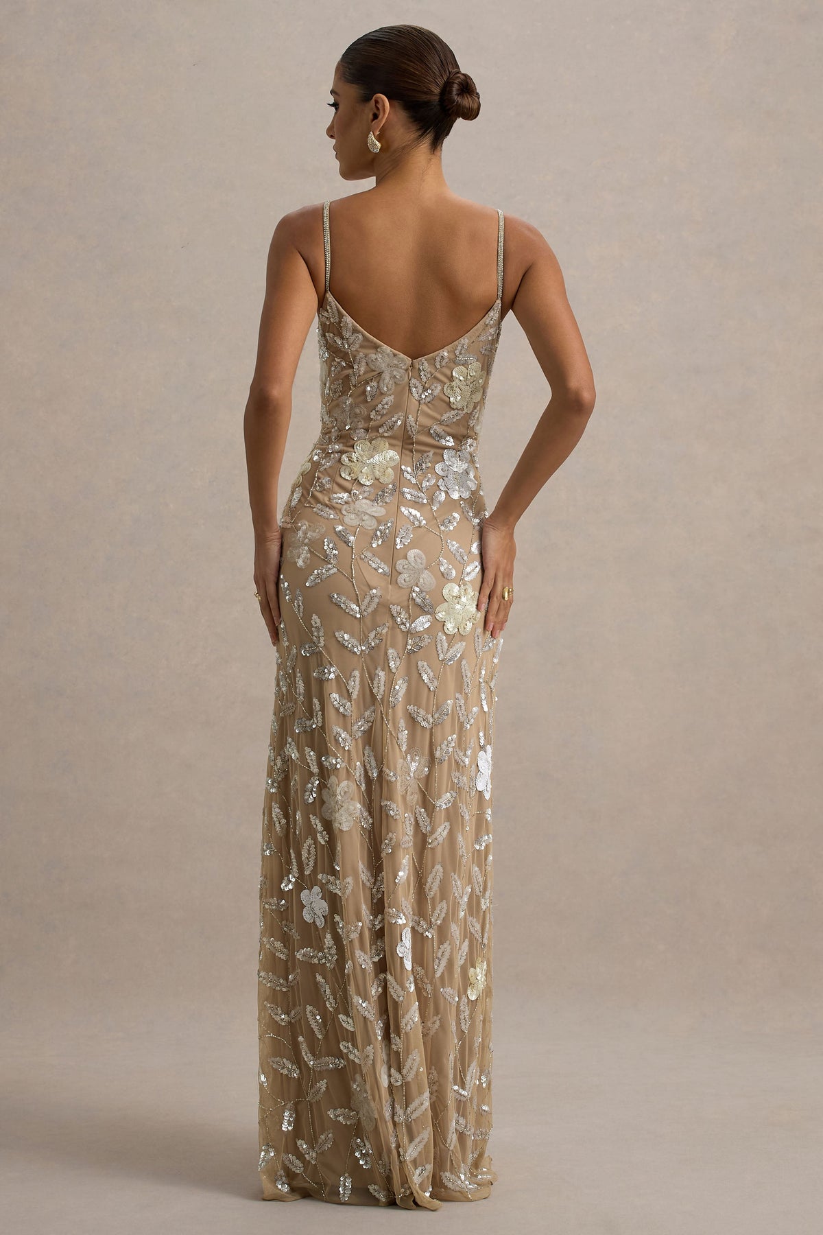 Gecorto | Vestido largo con Tirantes finos y Estampado Floral Embellecido de lentejuelas