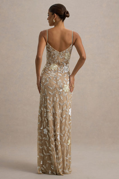 Gecorto | Vestido largo con Tirantes finos y Estampado Floral Embellecido de lentejuelas