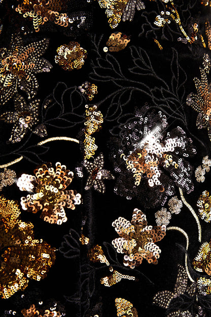 Valeri | Vestido Corto negro de terciopelo con escote bandeau y lentejuelas florales bronce