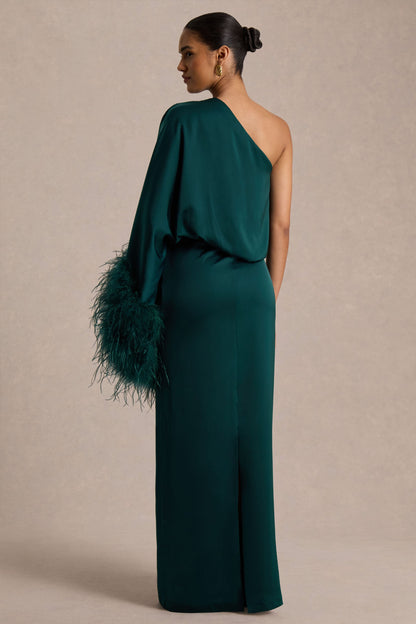 Felicity | Vestido Largo Verde Azulado de Satén con Escote Asimétrico, Plumas y Detalles Fruncidos