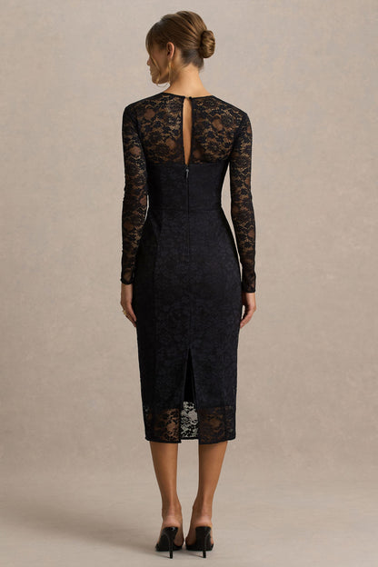 Alissa | Vestido midi de encaje negro con escote cuadrado