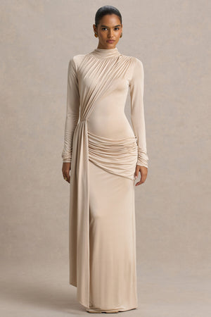 Romi | Vestido Largo Champán Con Escote Alto y Detalle Fruncido