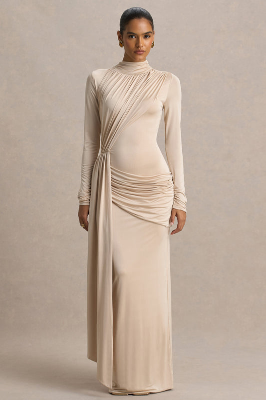Romi | Vestido Largo Champán Con Escote Alto y Detalle Fruncido