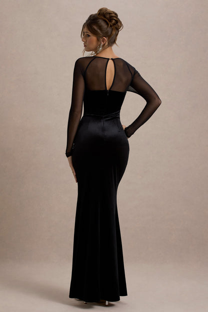 Ashby | Vestido Largo con escote cuadrado y abertura, adornado con terciopelo negro.