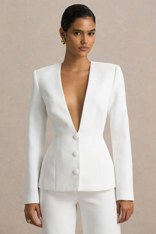 Rosalina | Blazer Blanco Entallado con Escote Profundo Extremo