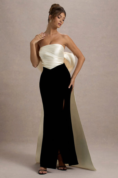 Take A Bow | Vestido largo de terciopelo en negro y lazada en color crema