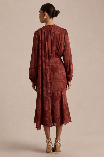 Sabina | Vestido midi devoré color óxido con escote pronunciado