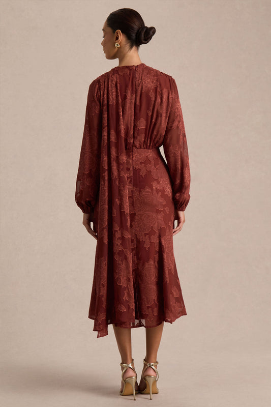 Sabina | Vestido midi devoré color óxido con escote pronunciado