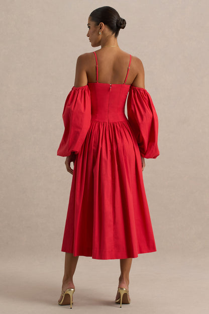 Macie | Vestido Midi Rojo con Escote en Corazón y Mangas Abullonadas