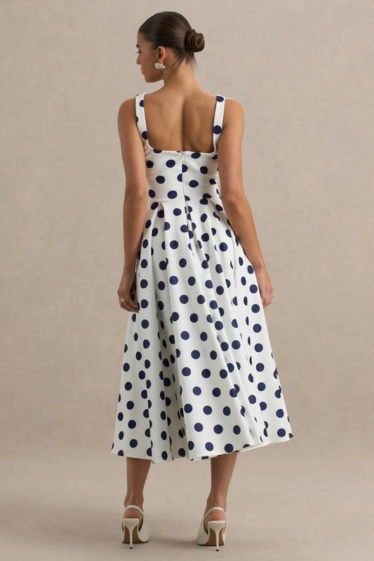 Berta | Vestido midi con escote cuadrado y falda volumen de lunares azul marino