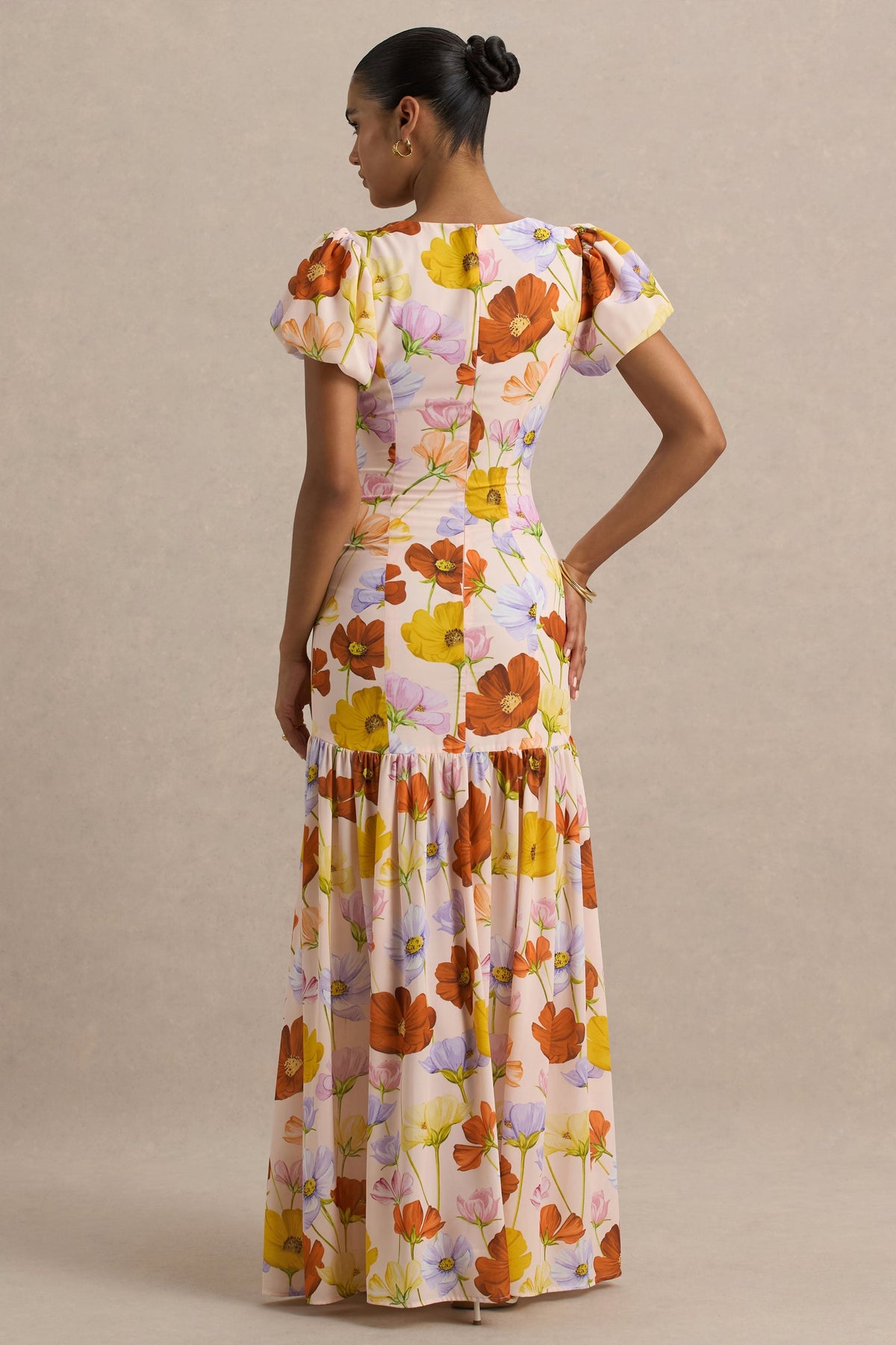 Ginny | Vestido largo con estampado floral y mangas cortas abullonadas