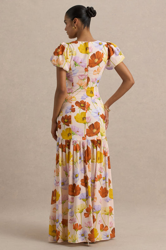 Ginny | Vestido largo con estampado floral y mangas cortas abullonadas
