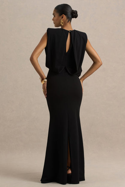 Meave | Vestido largo negro con escote barco y detalle drapeado