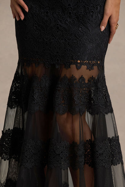 Leanne | Vestido midi negro de encaje y malla con cuello redondo y corte sirena