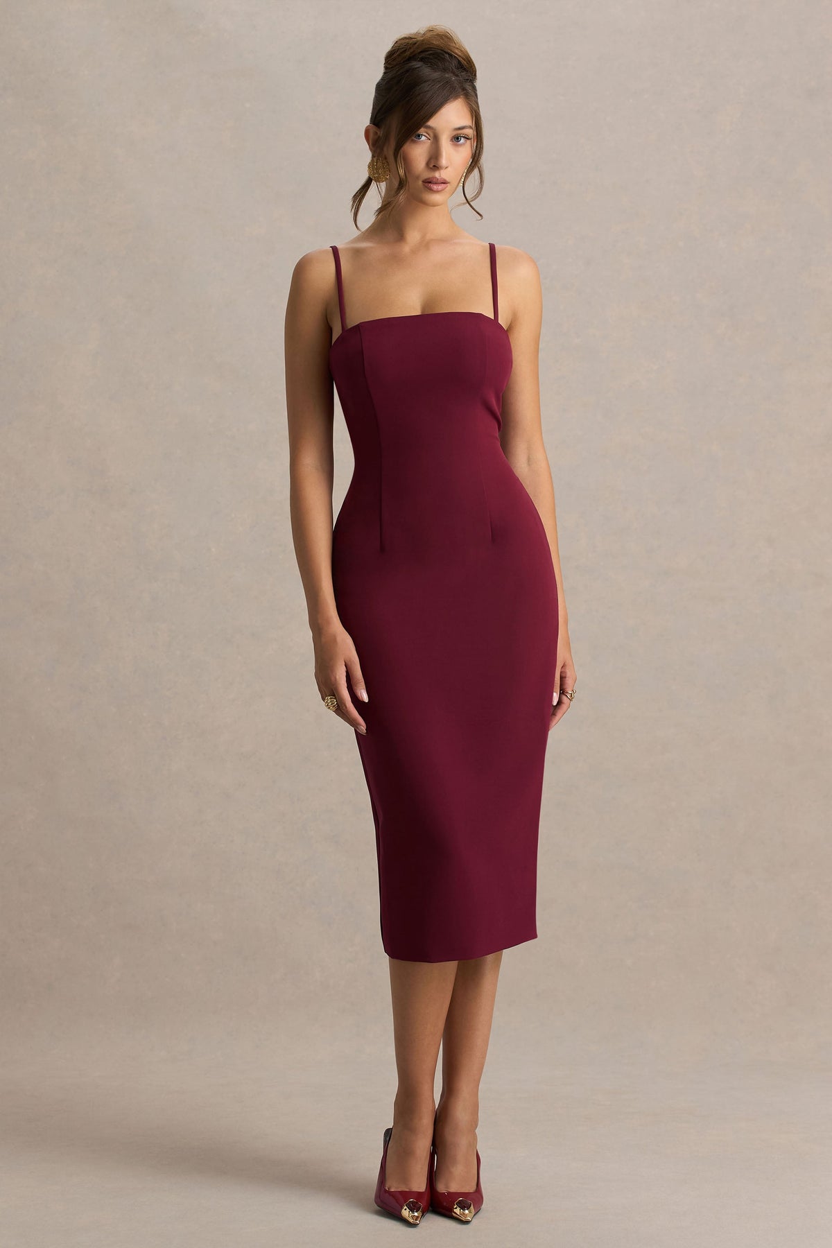 Baylor | Vestido Midi Burdeos Con Capa Corta Desmontable